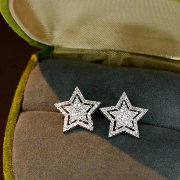 Diamond Star Burst Silver Stud Earrings - Picture 12 of 12